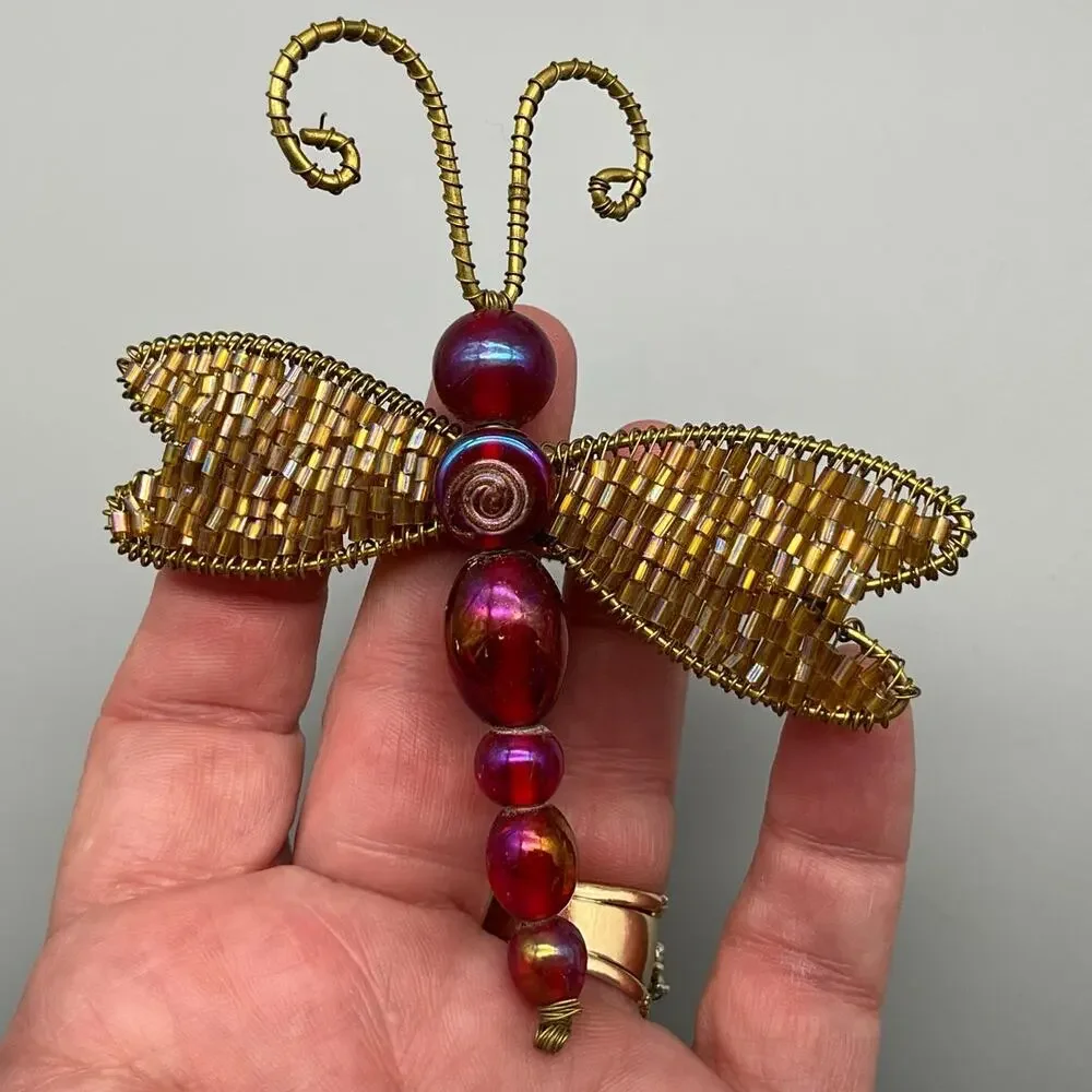 Vintage 4 Pier 1 Imports Beaded Dragon Fly Napkin Rings Burgundy Gold